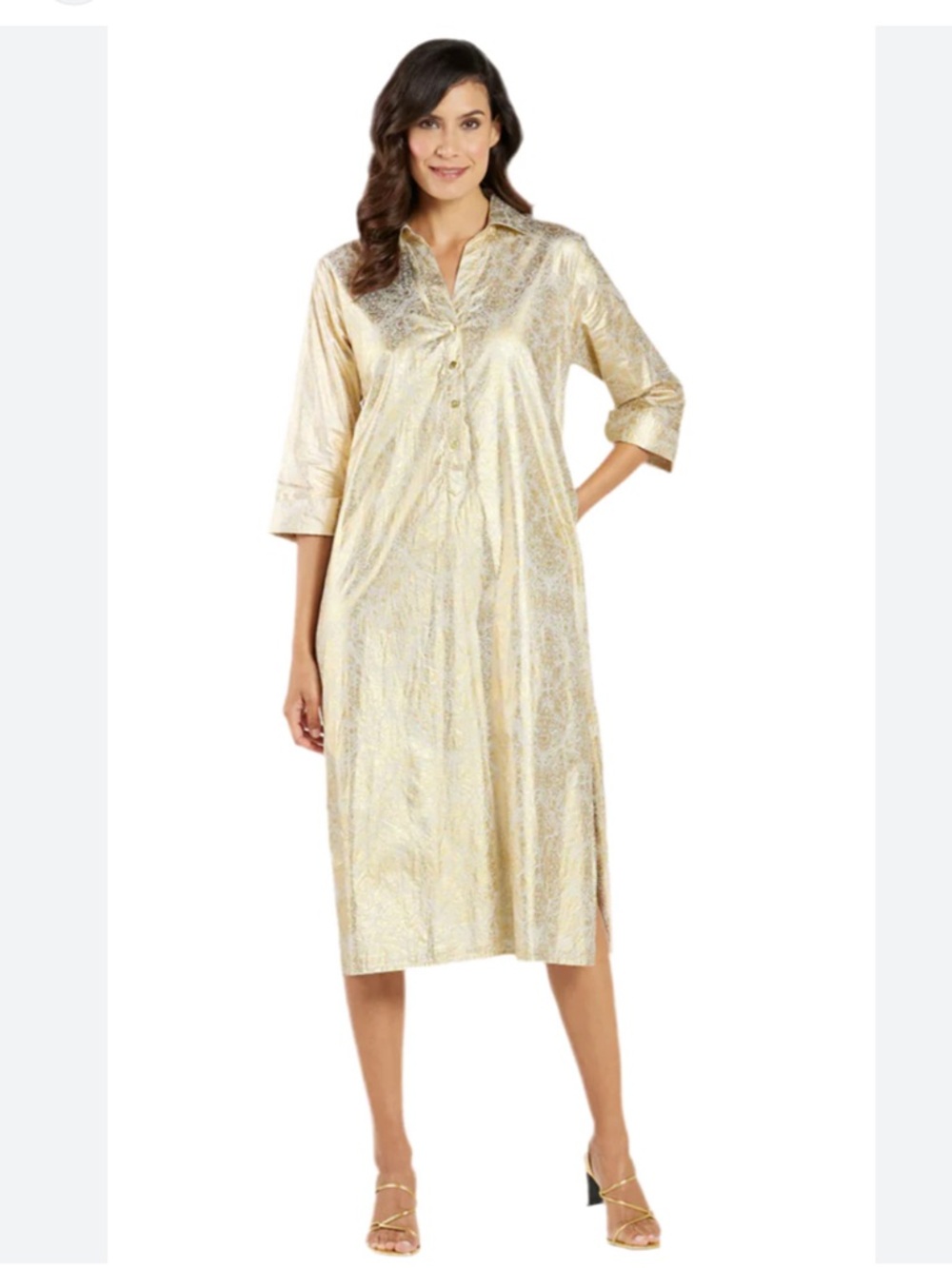 Jude Connally Kallan Cotton Voile Gold Foil Medallion Midi Tunic Dress NWT $228